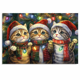 Painting of Three Cute Christmas Cats Wearing Santa Hats and Scarves Holding Colorful Holiday Lights with a Festive Pine Tree Background and Cheerful Expressions on Ready to Hang 1.5" Thick Canvas Wrap, Floating Framed Canvas, Flat Rolled Canvas